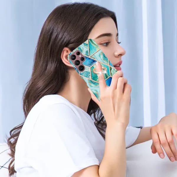 Marble Mønstret Deksel med Ring Holder til Samsung Galaxy S22 Ultra - Grønn Green