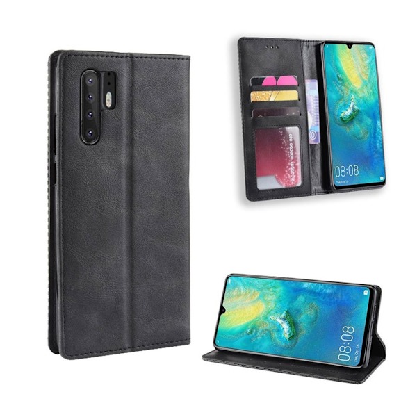 Huawei P30 Pro vintage stil læder flip etui - Sort Black