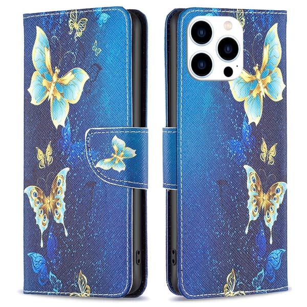 Wonderland iPhone 16 Pro Max flip-etui - Gylne Sommerfugler Blue
