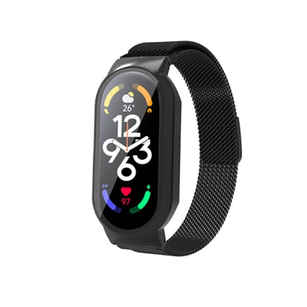 Xiaomi Mi Band 7 urrem i rustfrit stål og cover med hærdet glas - Sort Black