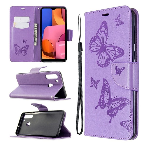 Butterfly läder Samsung Galaxy A21 fodral - Lila Lila