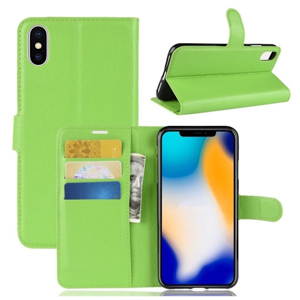 iPhone Xs Max flip etui i læder med litchi-tekstur - Grøn Green