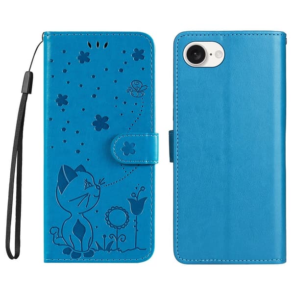 KT Imprinting Flower Series-4 til iPhone 16e Etui Cat Bee Imprinted Leather Wallet Cover - Blå Blue