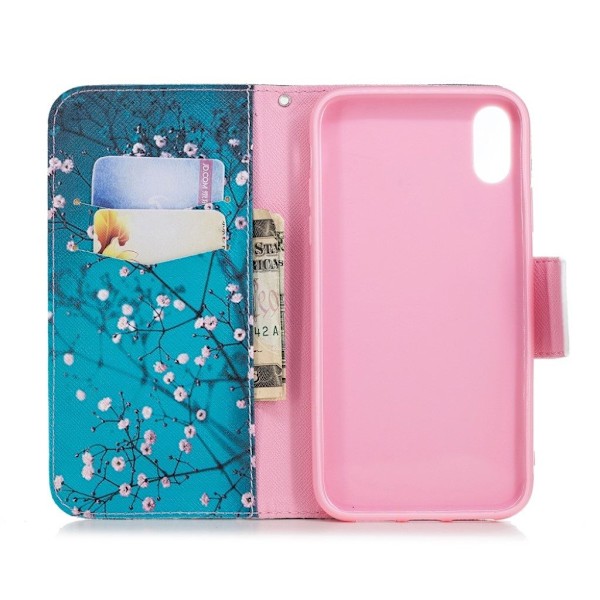 iPhone Xr flip cover i læder med mønsterprint - Træ Med Blomster Multicolor