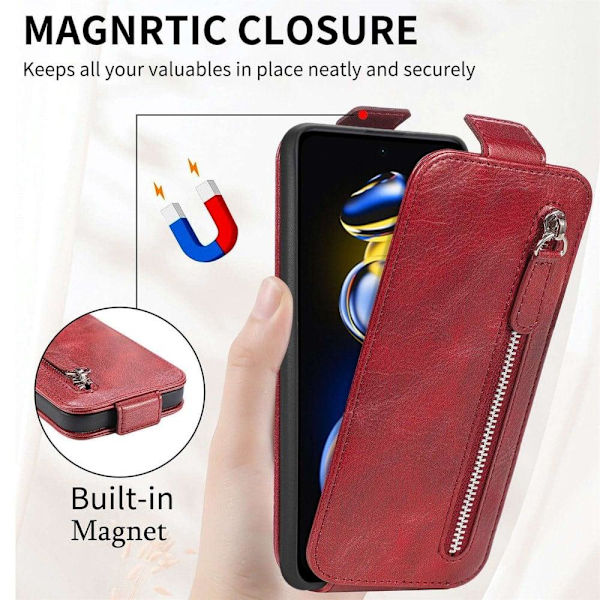 Vertical Flip Phone Suojakotelo With Zipper For Xiaomi Redmi Note 11S 5G / Poco M4 Pro 5g / Note 11t 5g - Punainen Red