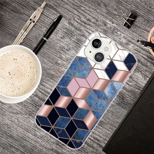 Marble design iPhone 14 kotelot - Sininen / Kultainen Kuutio Multicolor