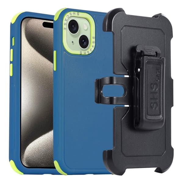 iPhone 15 Plus bælteklipsetui Dobbeltlags fleksibelt og stødsikkert stødsikkert mobil cover - Blå + Grøn Blue