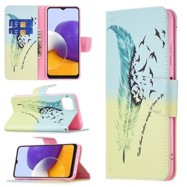 Wonderland Samsung Galaxy A22 5G Läppäkotelo - Feather And Lintu Multicolor
