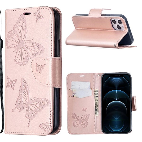 Butterfly läder iPhone 12 Pro / iPhone 12 fodral - Rosa Rosa