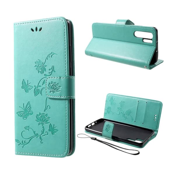 Huawei P30 Pro trykt sommerfugl blomster læder flip etui - Grøn Green