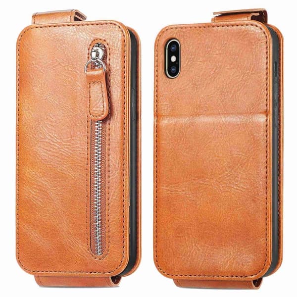 Lodret iPhone Xs Max flip etui med lynlås - Brun Brown
