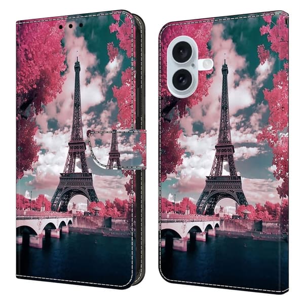 iPhone 16 Etui med pung Mønster print Stand Leather Flip Phone Cover - Eiffeltårnet Pink