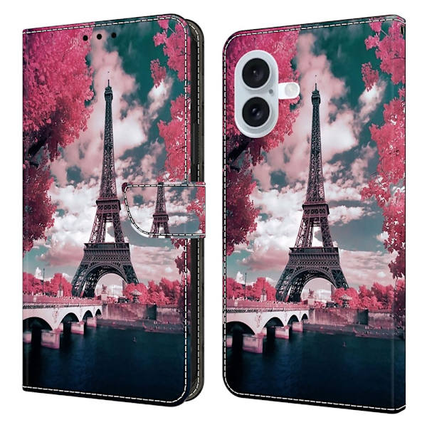 iPhone 16 Plånboksfodral Mönster Tryck Stativ Läder Flip Phone Cover - Eiffeltornet Rosa