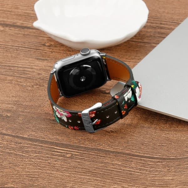 Apple Watch (41mm) Top Layer Cowhide Aitoa Nahkaa Rannekellon Nauha - Musta / Red Flower Multicolor