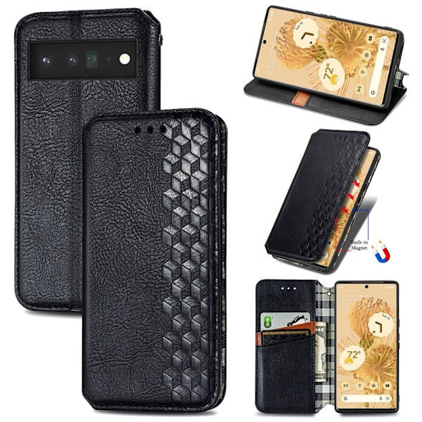 Læder Etui med A Stilfuldt Rhombus Tryk til Google Pixel 6 Pro - Sort Black