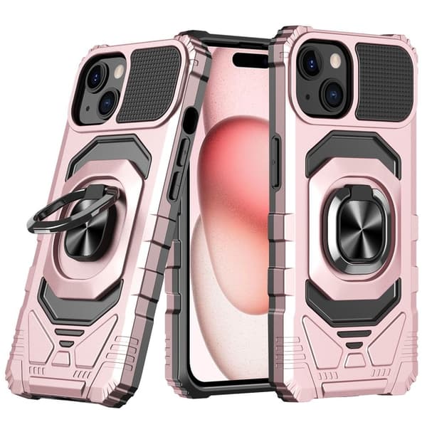 Slitesterk hardplastdeksel med myk innside og støtte for iPhone 15 Plus - Rosa Pink
