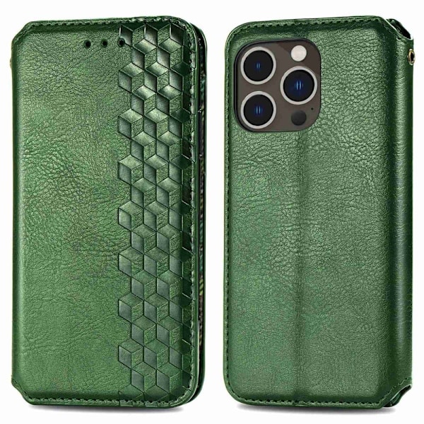 Läder iPhone 14 Pro Max fodral med romb-design - Grön Grön