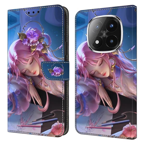 Xiaomi Redmi Note 14 Pro 4G plånboksfodral mönster tryckning stativ läder flip telefonskydd - Törnrosa Rosa