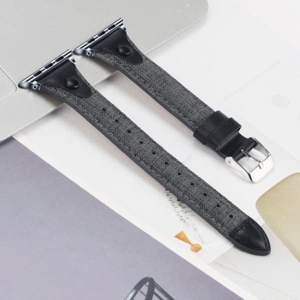 Apple Watch Series 5 / 4 44mm canvas urrem i ægte læder - Grå / Sort Silver grey