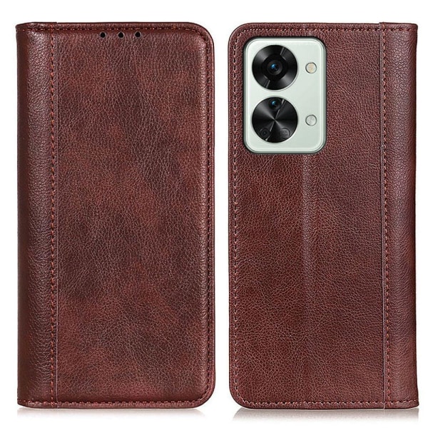 OnePlus Nord 2T ægte læderetui med magnetisk lukning - Brun Brown