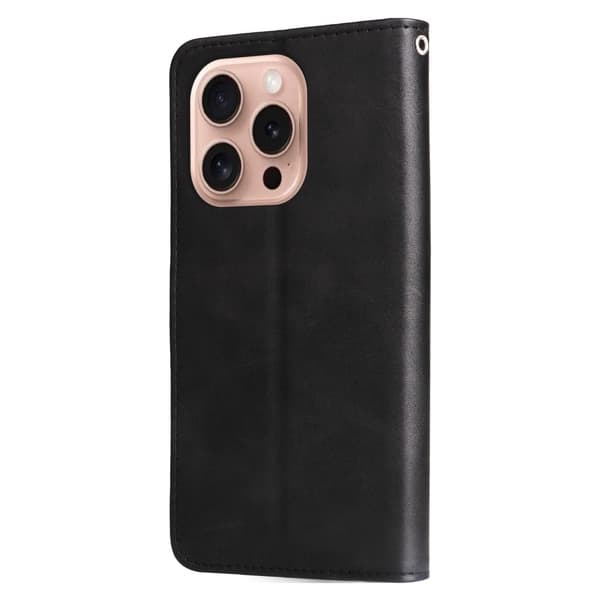 iPhone 16 Pro Etui Lynlåslomme Pung Stødsikkert Vegansk Læder Telefon Cover - Sort Black
