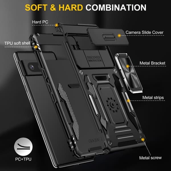Armor-sarjan Google Pixel 9 Case kolhunkestävä ja joustava potkukiinnike puhelinsuoja Slide Lens Shield - Musta Black