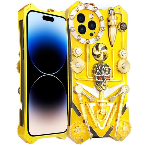 iPhone 14 Pro metallmekanisk utrustning med ett skydd i dödskallestil - Guld Guld