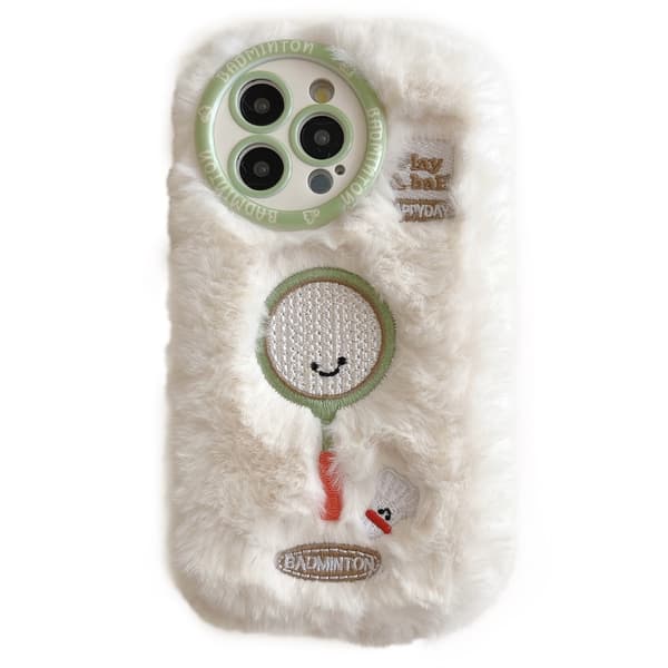 iPhone 16 Pro Max Case Cute Racket Pattern Furry Flexible Warm Phone Cover - Badminton Racket Pink