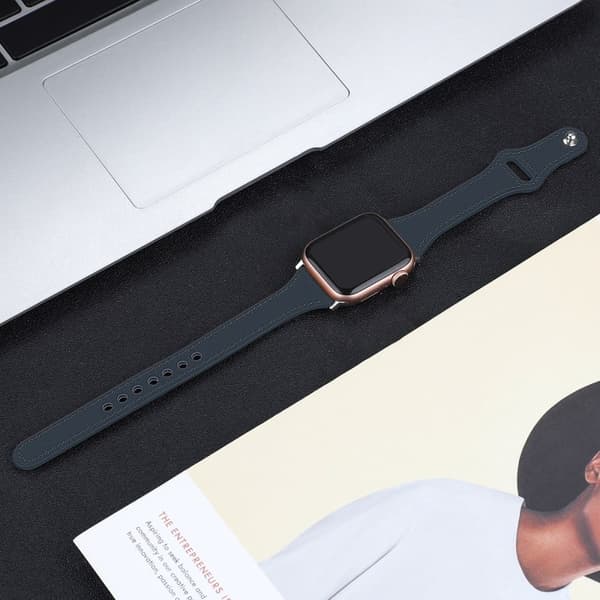 Apple Watch (45mm) klockarmband i äkta läder med sömmar - Midnattsblå / Storlek: L Blå