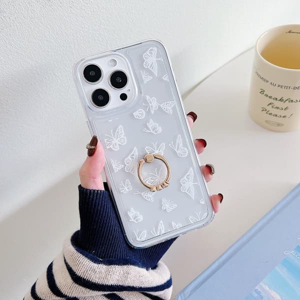 Marmormønstret iPhone 15 Pro cover med ringholder - Style E White