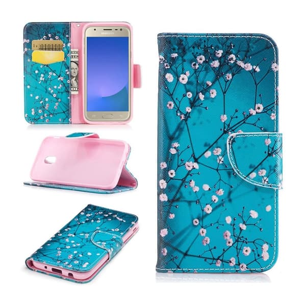 Samsung Galaxy J3 (2017) Læder etui med flot motiv - Træ med blomster Blue