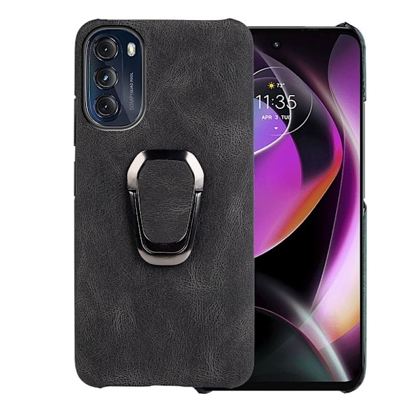 Stødsikkert lædercover med oval kickstand til Motorola Moto G (2022) - Sort Black