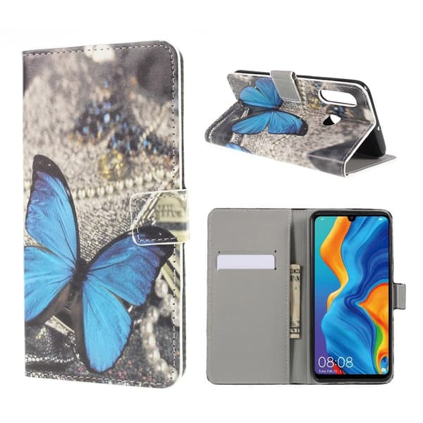 Huawei P30 Lite mønstret flipveske - Blue Butterfly Blue