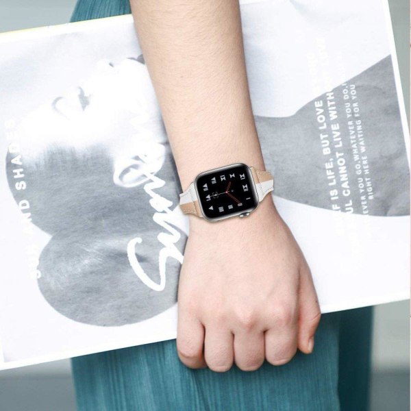 Apple Watch Series 5 44mm ægte læder Urrem - Abrikos/ Hvid White