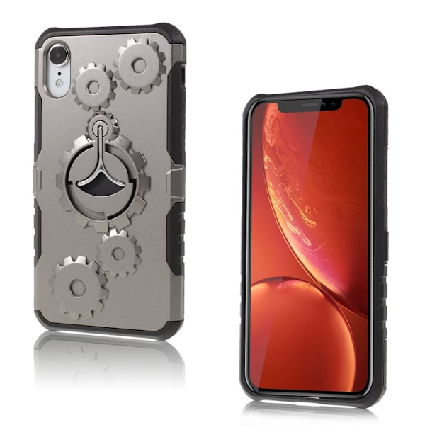 IPhone 9 mobilskal plast silikon  utfällbart ställ kugghjulsmönster - Grå Silvergrå