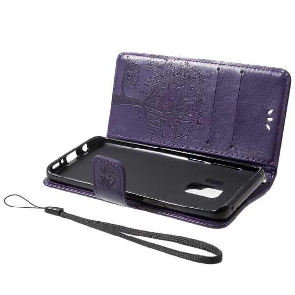 Samsung Galaxy S9 stemplet Træ ugle PU læder flip etui - Mørkelilla Purple