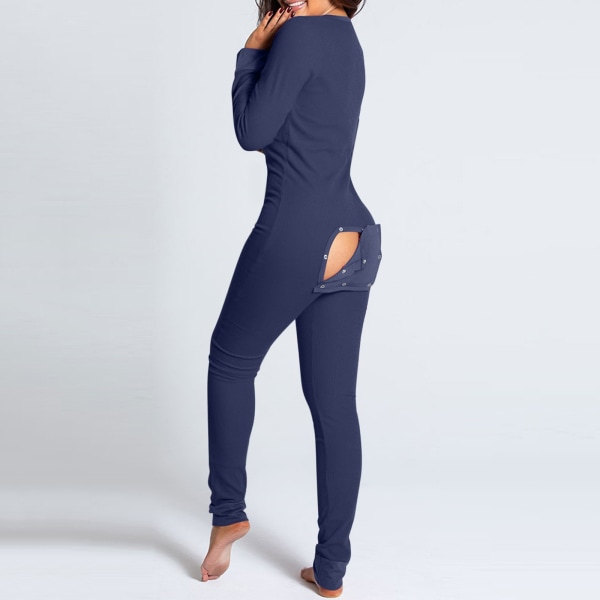 Butt Flap Underkläder Jumpsuit Dam Onesie Pyjamas Rygg Button-down Bodycon Nattkläder Vuxna Onesies Combinaison Pyjamas Femme Navy blue XL