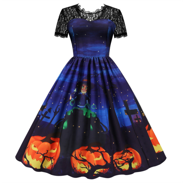 Kvinnors Halloween Spets Temperament Casual Kortärmad Slim Positionering Printed Swing Party Klänningar blue M