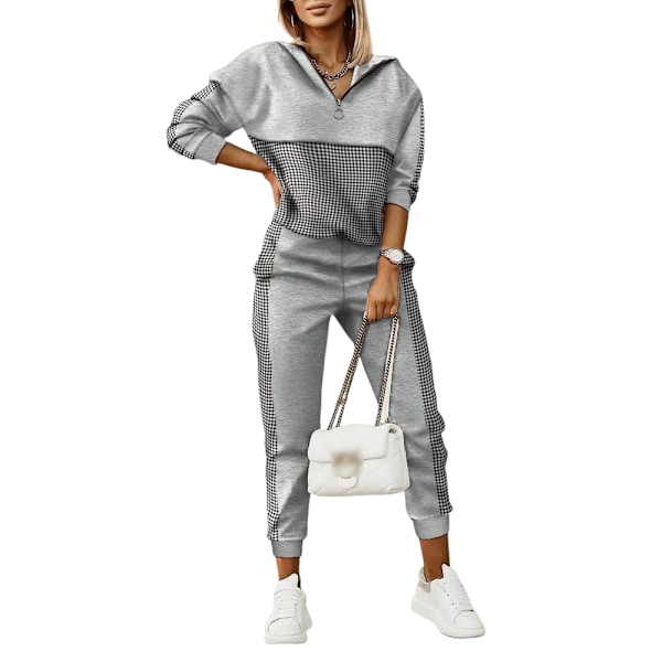 Kostym för kvinnor, flerfärgad tryckt långärmad byxdress med huva, smal, elegant, pendlar-kostym GREY M