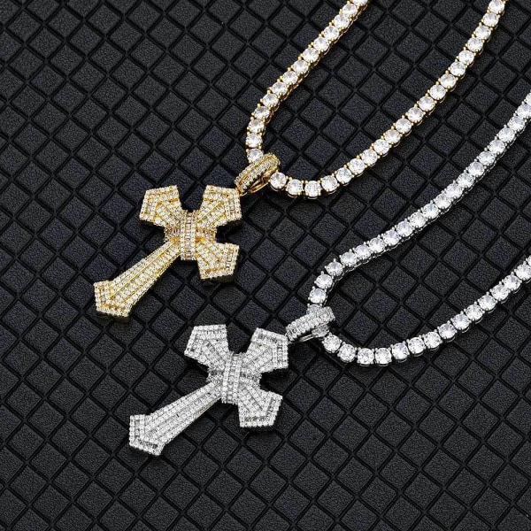 Män Kvinnor Hip Hop Cross Hängsmycke Halsband med 4 mm Zirkon Tennis Kedja Iced Out Anka Cross Halsband Mode Kristna Smycken Gold -7