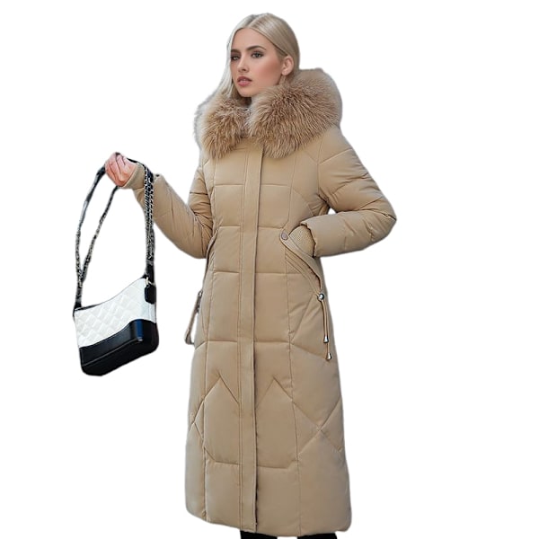 Damkappa i bomull, medellång, vintermode, smal, knälång, stor pälskrage, tjock bomullsjacka, trendig damkläder khaki XL