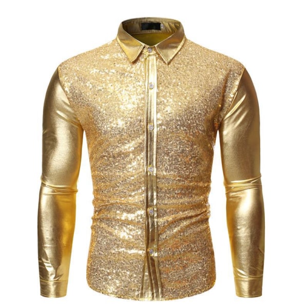 Vuxna ungdomar, lapel långärmad skjorta för män Casual Slim Shirt Cool paljetter bronzing Dansskjorta Toppar Gold M