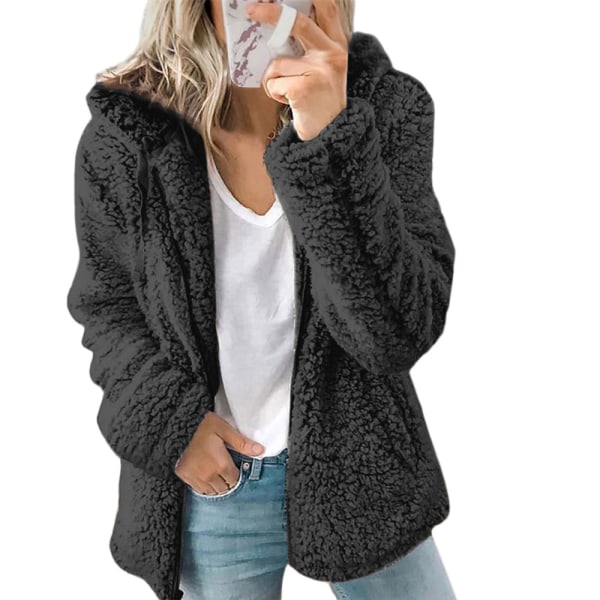 Dam Fleece Fluffig Huvtröja Långärmad Jacka Vinter Varm Teddybjörn Cardigan Black XL