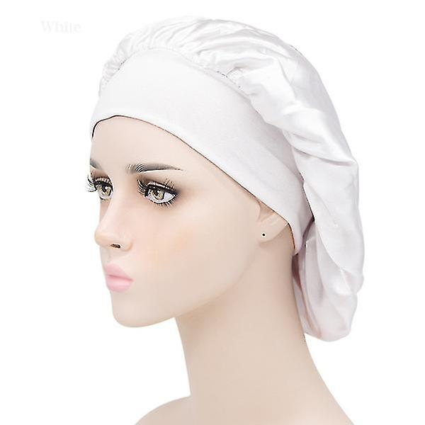 2st Justera Solid Satin Bonnet Cap Långt hårvård Kvinnor Nattsömnhatt Silke Head Wrap Cap Hårstylingverktyg white