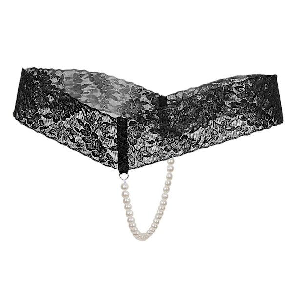 Sexiga Kvinnors Crotchless Trosor Transparent Spets Tanga Underkläder Pärlor Strängar Svart