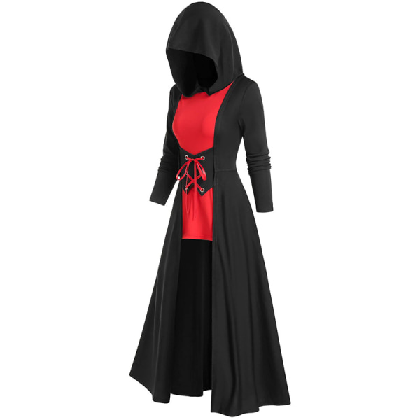 Medeltida kappa huvklänning för kvinnor renässans gotisk hög låg vintage långärmad Steampunk hoodie klänningar black XXL