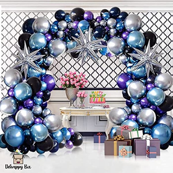 Rymdfödelsedag Dekorationer Tillbehör - 125 st Metalliska Krom Blå Lila Silver Ballongbåge Girlang Kit - Galaxy Ballonger Set För Rymdfödelsedagsfest