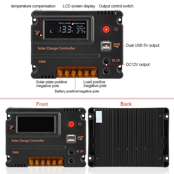 12V/24V Solpanel Laddare Reglerare 10A Dubbel USB Vattentät Intelligent Regulator för DC Batterisystem, Effektiv Energiförvaltning