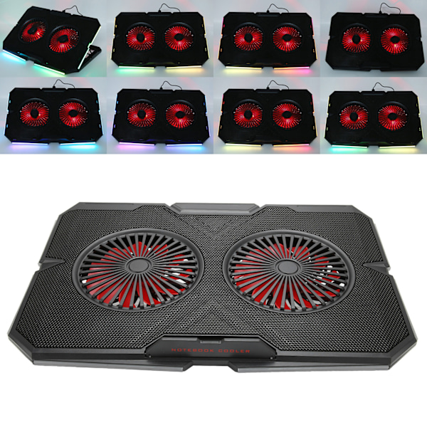 Dubbel Tyst Fläkt RGB Laptop Kylplatta 2 USB-portar 7-nivå Höjdjustering för 14-17 tum Bärbara datorer, Effektiv Kylning för Spel och Dagligt Bruk