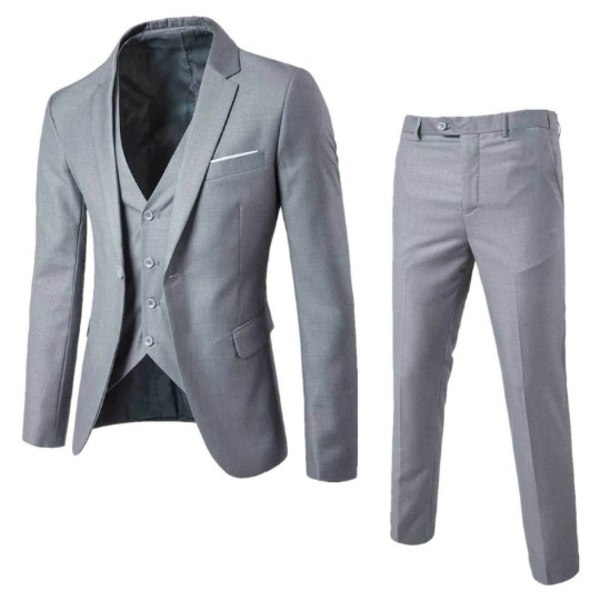 Slim Fit Suit Set för män med en knapp solid jacka Västbyxor Business Set Grey M
